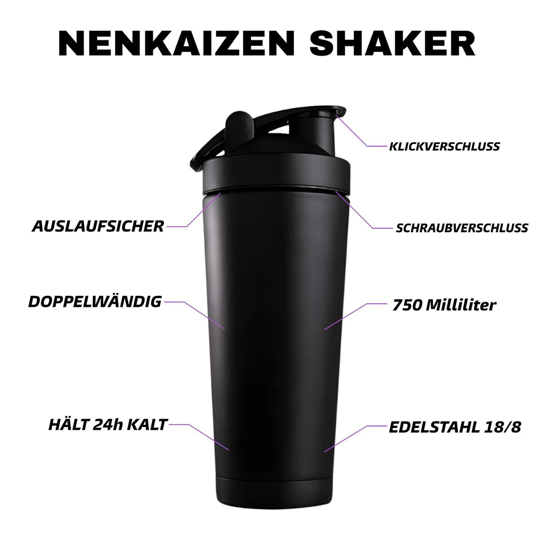 Schwarzer Edelstahl Shaker von NENKAIZEN - 750ml Fassungsvermögen, auslaufsicherer Schraubverschluss, eiskalt genießen für bis zu 24 Stunden, hergestellt aus hochwertigem Edelstahl 18/8. Doppelwandiges Design für optimale Isolierung. Maße: 23cm x 7,5cm. Die perfekte Mischung aus Stil und Funktionalität.