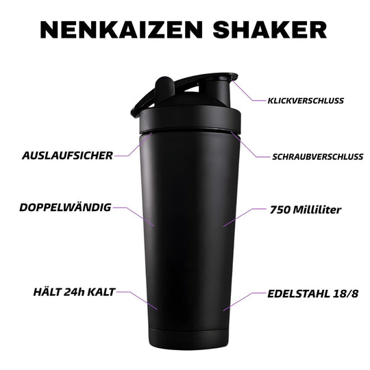 Schwarzer Edelstahl Shaker von NENKAIZEN - 750ml Fassungsvermögen, auslaufsicherer Schraubverschluss, eiskalt genießen für bis zu 24 Stunden, hergestellt aus hochwertigem Edelstahl 18/8. Doppelwandiges Design für optimale Isolierung. Maße: 23cm x 7,5cm. Die perfekte Mischung aus Stil und Funktionalität.