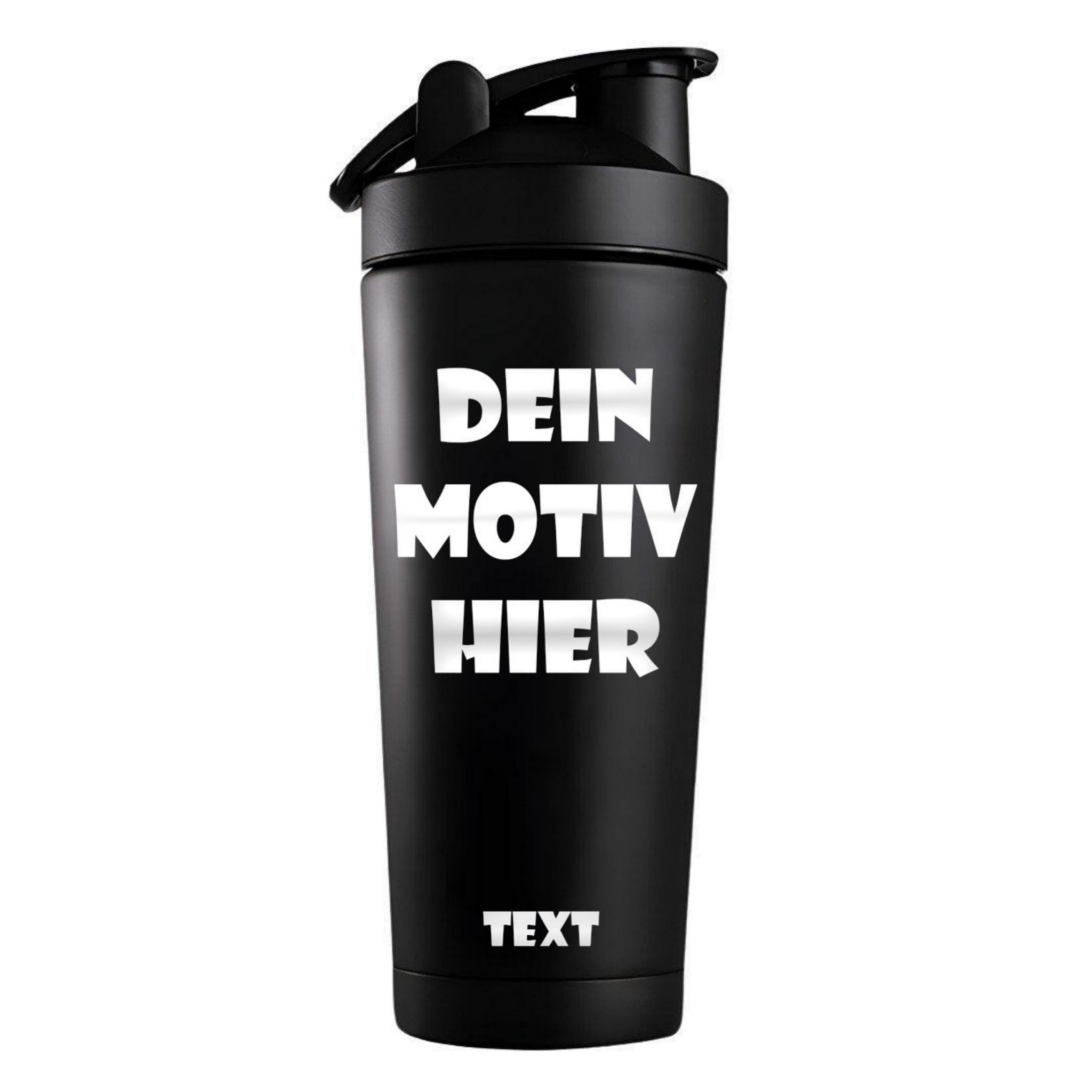 Personalisierte Edelstahl-Shaker in elegantem Schwarz mit präziser Lasergravur von DEINEM BILD und DEINEM TEXT. Entdecke die Perfektion in Design und Funktion ✓ Leicht, robust und zuverlässig ✓ Gestalte jetzt deinen individuellen Fitness-Shaker 750ml für ein einzigartiges Erlebnis ✓