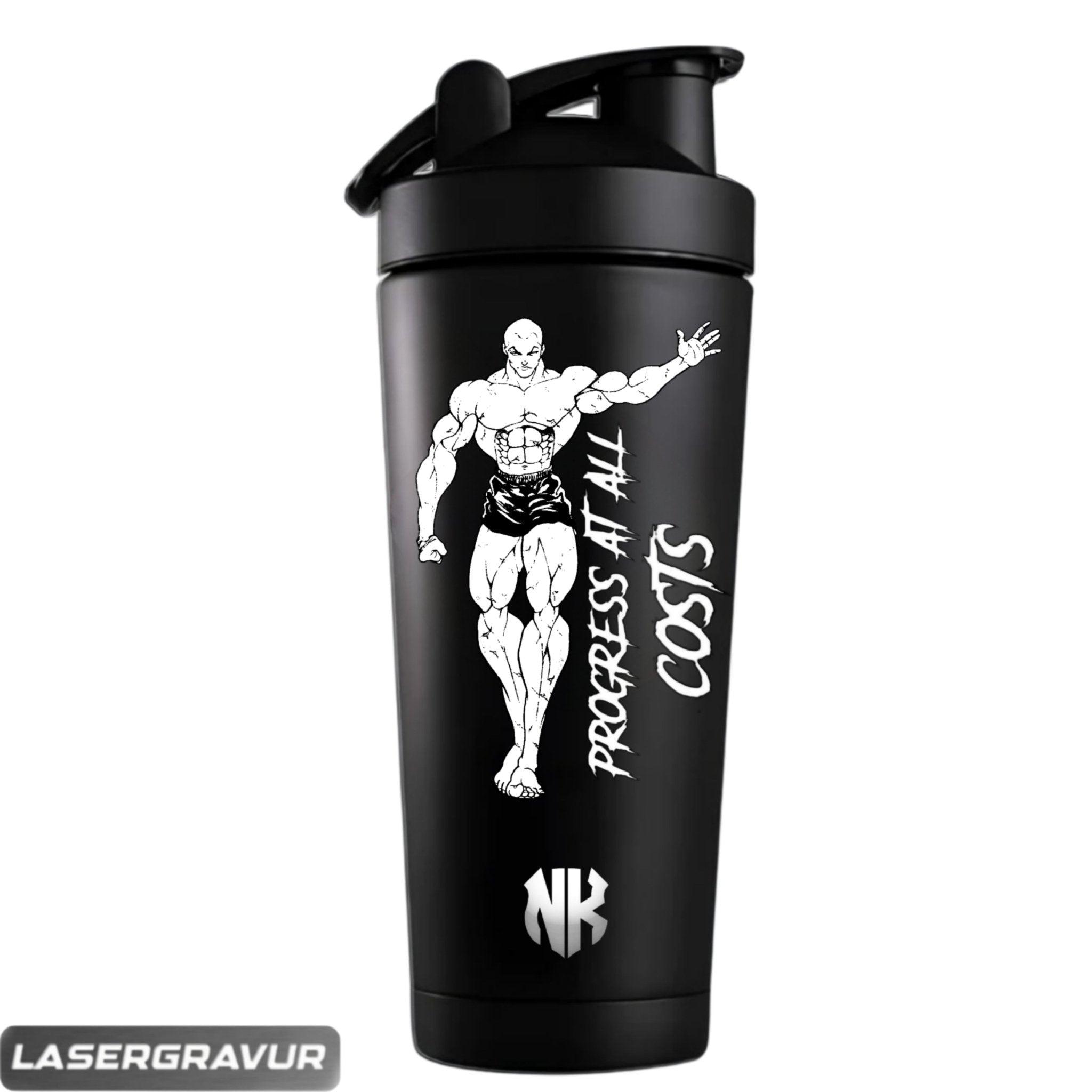 "Jack Hanma - BAKI" Edelstahl Shaker - NENKAIZEN Schwarzer Protein Shaker 750ml mit Laser Gravur von Jack Hanma,  PROGRESS AT ALL COSTS und NK-Logo vorne 