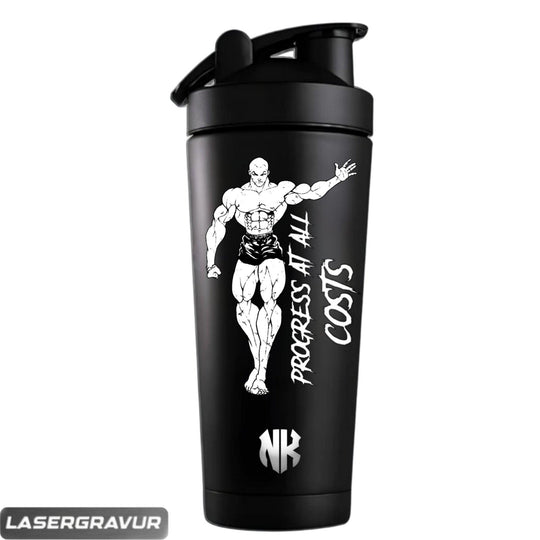 "Jack Hanma - BAKI" Edelstahl Shaker - NENKAIZEN Schwarzer Protein Shaker 750ml mit Laser Gravur von Jack Hanma,  PROGRESS AT ALL COSTS und NK-Logo vorne 